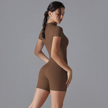 Load image into Gallery viewer, Summer Solid Color Zipper Short Sleeve Slim Fit Yoga Wear One Piece Women Dance Fitness Tight Sports Jumpsuit
